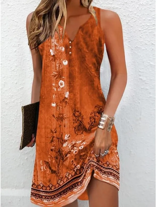 Women's Summer Boho Floral Button Mini Dress Casual Loose Sleeveless V Neck Beach Vacation Sundress
