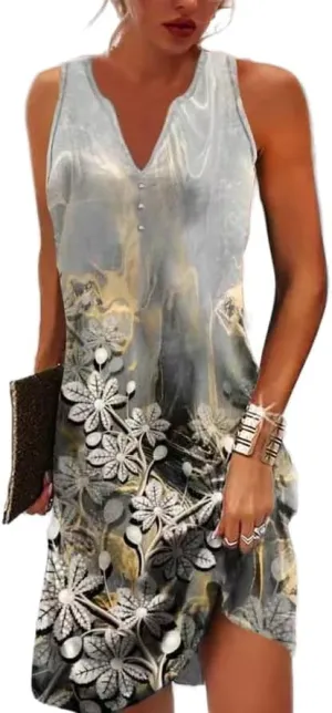 Women's Summer Boho Floral Button Mini Dress Casual Loose Sleeveless V Neck Beach Vacation Sundress