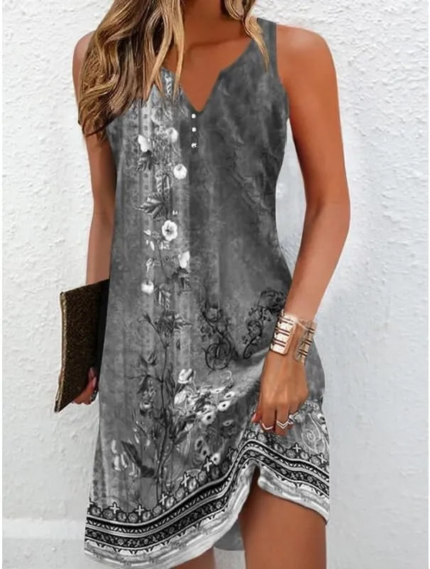 Women's Summer Boho Floral Button Mini Dress Casual Loose Sleeveless V Neck Beach Vacation Sundress
