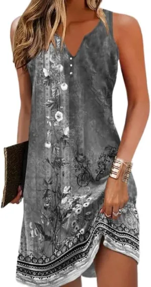 Women's Summer Boho Floral Button Mini Dress Casual Loose Sleeveless V Neck Beach Vacation Sundress