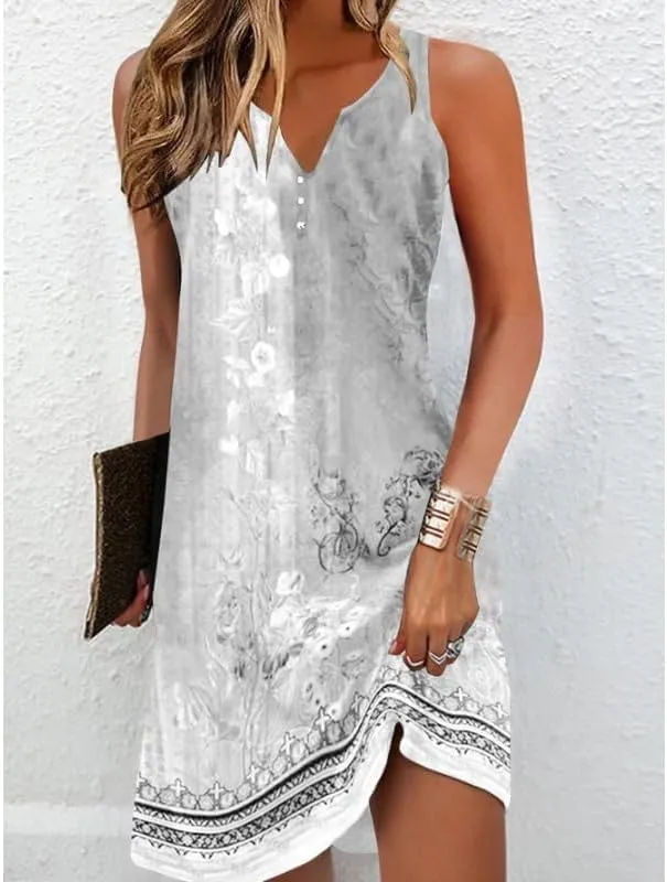 Women's Summer Boho Floral Button Mini Dress Casual Loose Sleeveless V Neck Beach Vacation Sundress