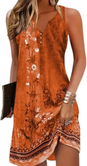 Women's Summer Boho Floral Button Mini Dress Casual Loose Sleeveless V Neck Beach Vacation Sundress