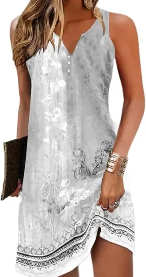 Women's Summer Boho Floral Button Mini Dress Casual Loose Sleeveless V Neck Beach Vacation Sundress