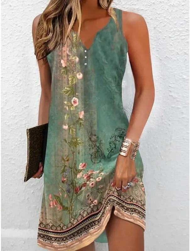 Women's Summer Boho Floral Button Mini Dress Casual Loose Sleeveless V Neck Beach Vacation Sundress