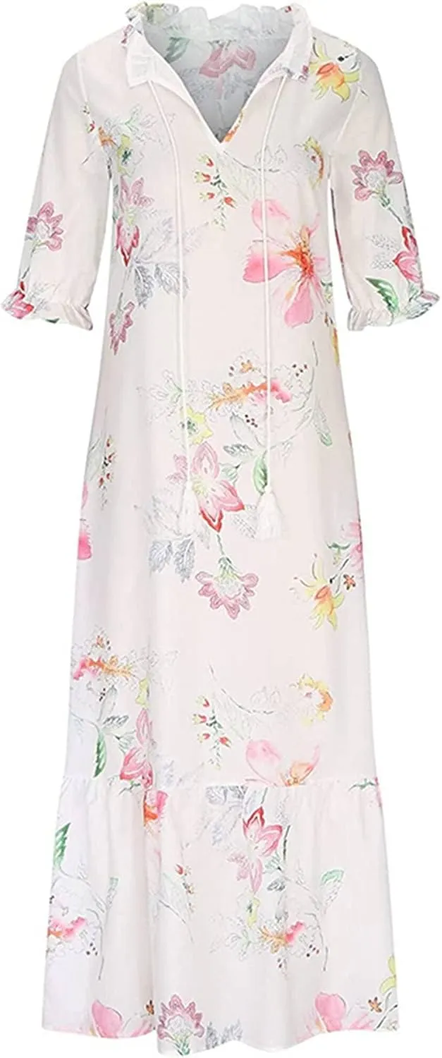 Women's Summer Boho Floral V Neck Ruffle Maxi Dress Flowy Casual Short Sleeve Tiered Beach Wedding Guest Tshirt Dress
