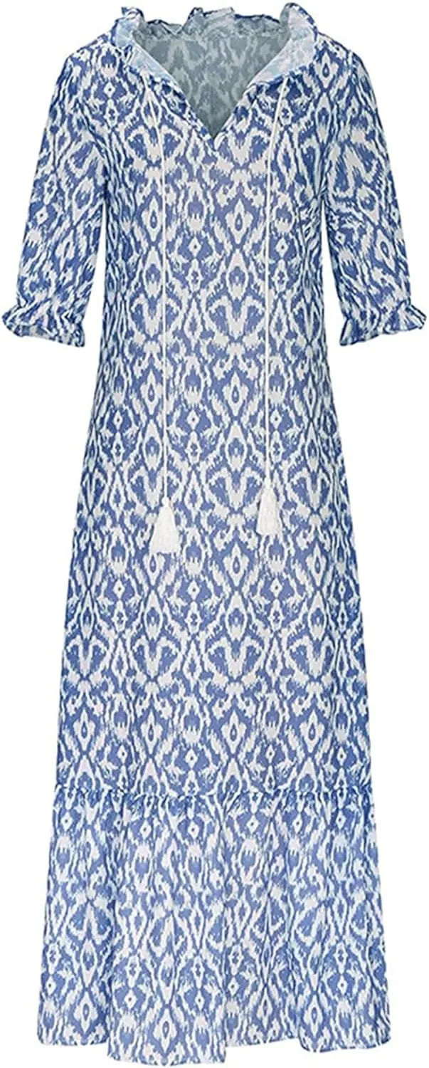 Women's Summer Boho Floral V Neck Ruffle Maxi Dress Flowy Casual Short Sleeve Tiered Beach Wedding Guest Tshirt Dress