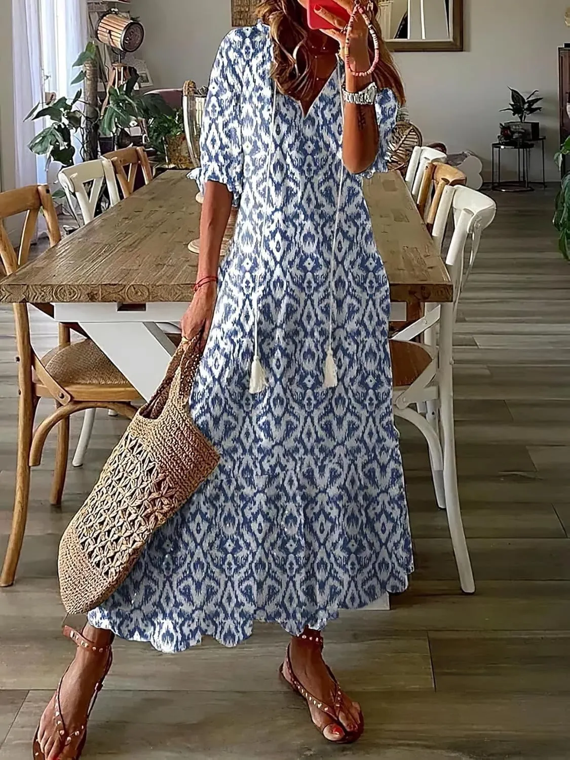 Women's Summer Boho Floral V Neck Ruffle Maxi Dress Flowy Casual Short Sleeve Tiered Beach Wedding Guest Tshirt Dress