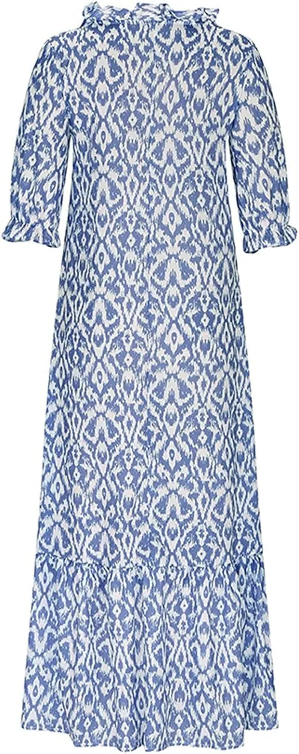 Women's Summer Boho Floral V Neck Ruffle Maxi Dress Flowy Casual Short Sleeve Tiered Beach Wedding Guest Tshirt Dress