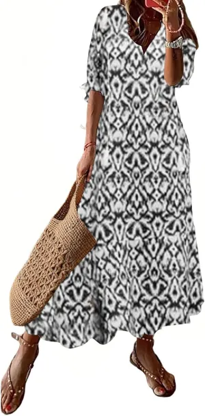 Women's Summer Boho Floral V Neck Ruffle Maxi Dress Flowy Casual Short Sleeve Tiered Beach Wedding Guest Tshirt Dress