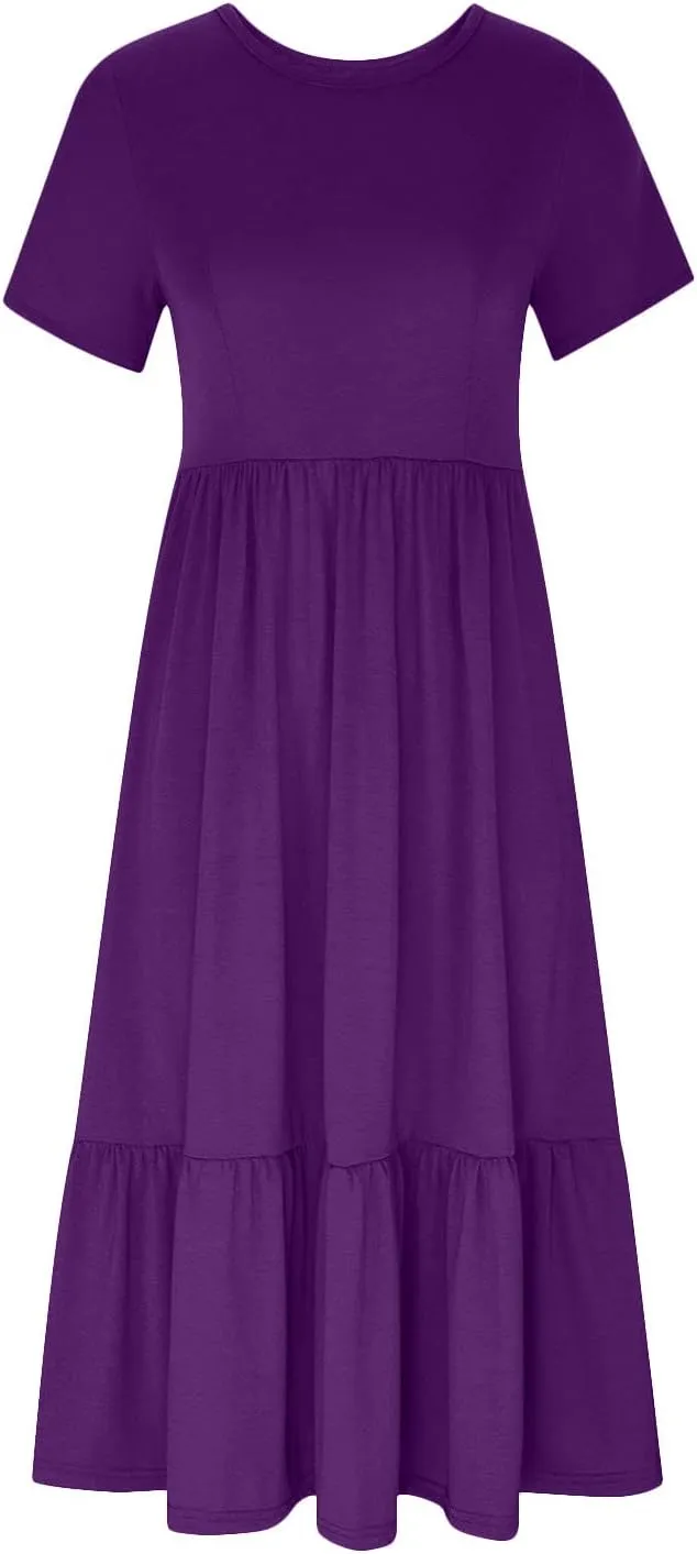 Womens Summer Dresses 2024 Flowy Tiered Crewneck Sundress Trend Beach Long Dresses Swing Midi Dress with Pockets