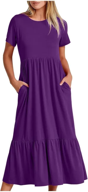 Womens Summer Dresses 2024 Flowy Tiered Crewneck Sundress Trend Beach Long Dresses Swing Midi Dress with Pockets