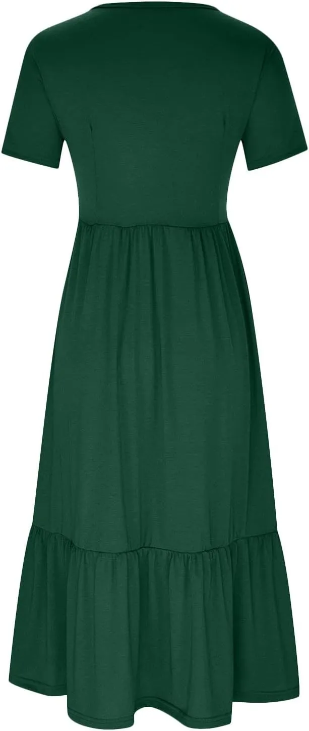 Womens Summer Dresses 2024 Flowy Tiered Crewneck Sundress Trend Beach Long Dresses Swing Midi Dress with Pockets
