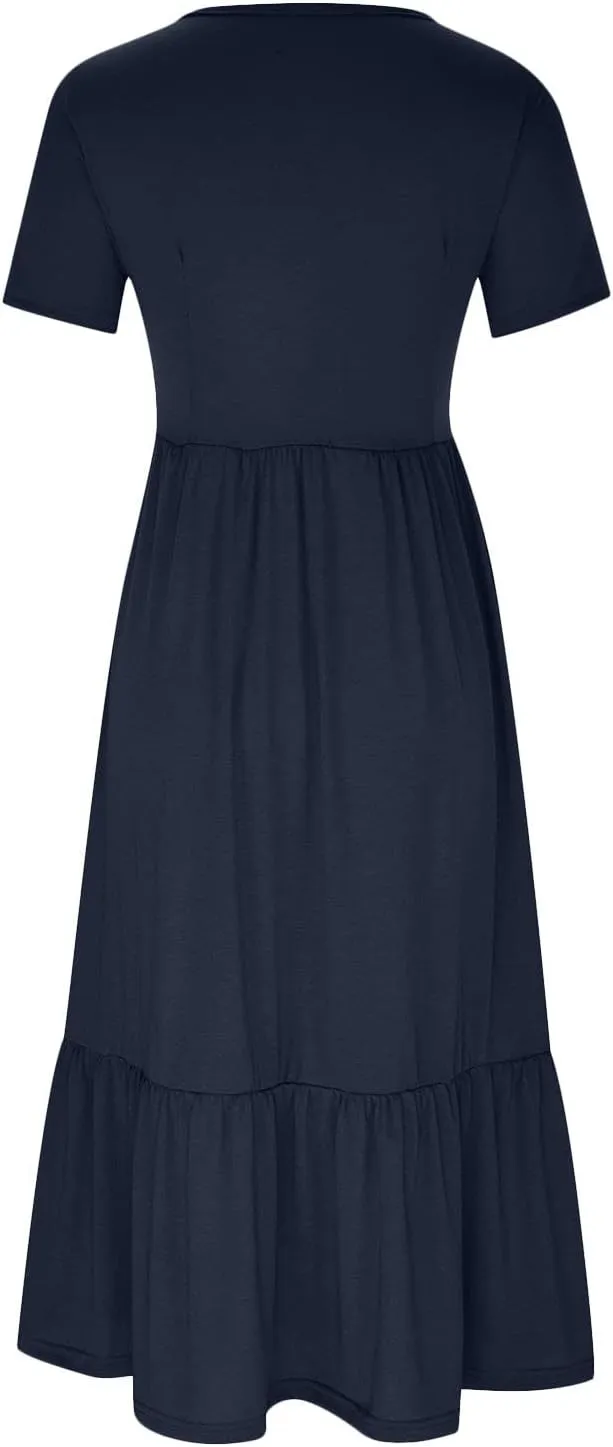 Womens Summer Dresses 2024 Flowy Tiered Crewneck Sundress Trend Beach Long Dresses Swing Midi Dress with Pockets