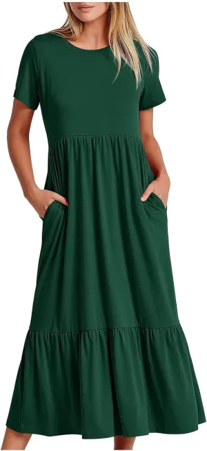Womens Summer Dresses 2024 Flowy Tiered Crewneck Sundress Trend Beach Long Dresses Swing Midi Dress with Pockets