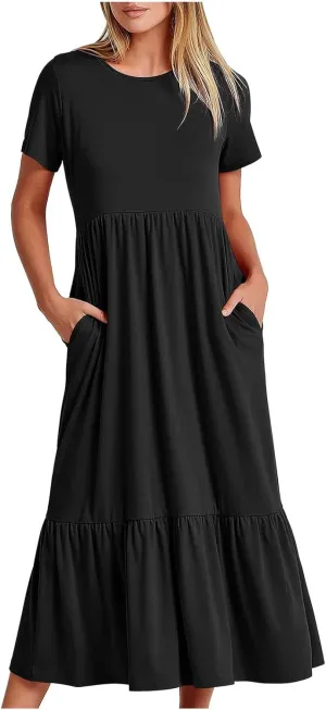 Womens Summer Dresses 2024 Flowy Tiered Crewneck Sundress Trend Beach Long Dresses Swing Midi Dress with Pockets