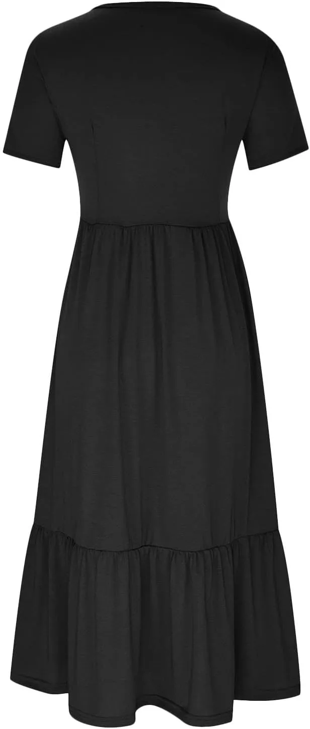Womens Summer Dresses 2024 Flowy Tiered Crewneck Sundress Trend Beach Long Dresses Swing Midi Dress with Pockets