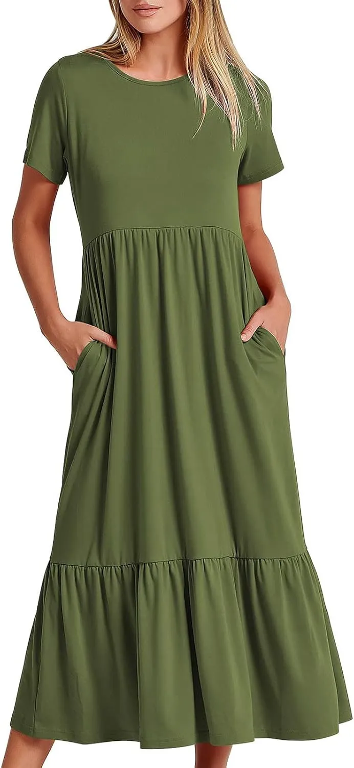 Womens Summer Dresses 2024 Flowy Tiered Crewneck Sundress Trend Beach Long Dresses Swing Midi Dress with Pockets