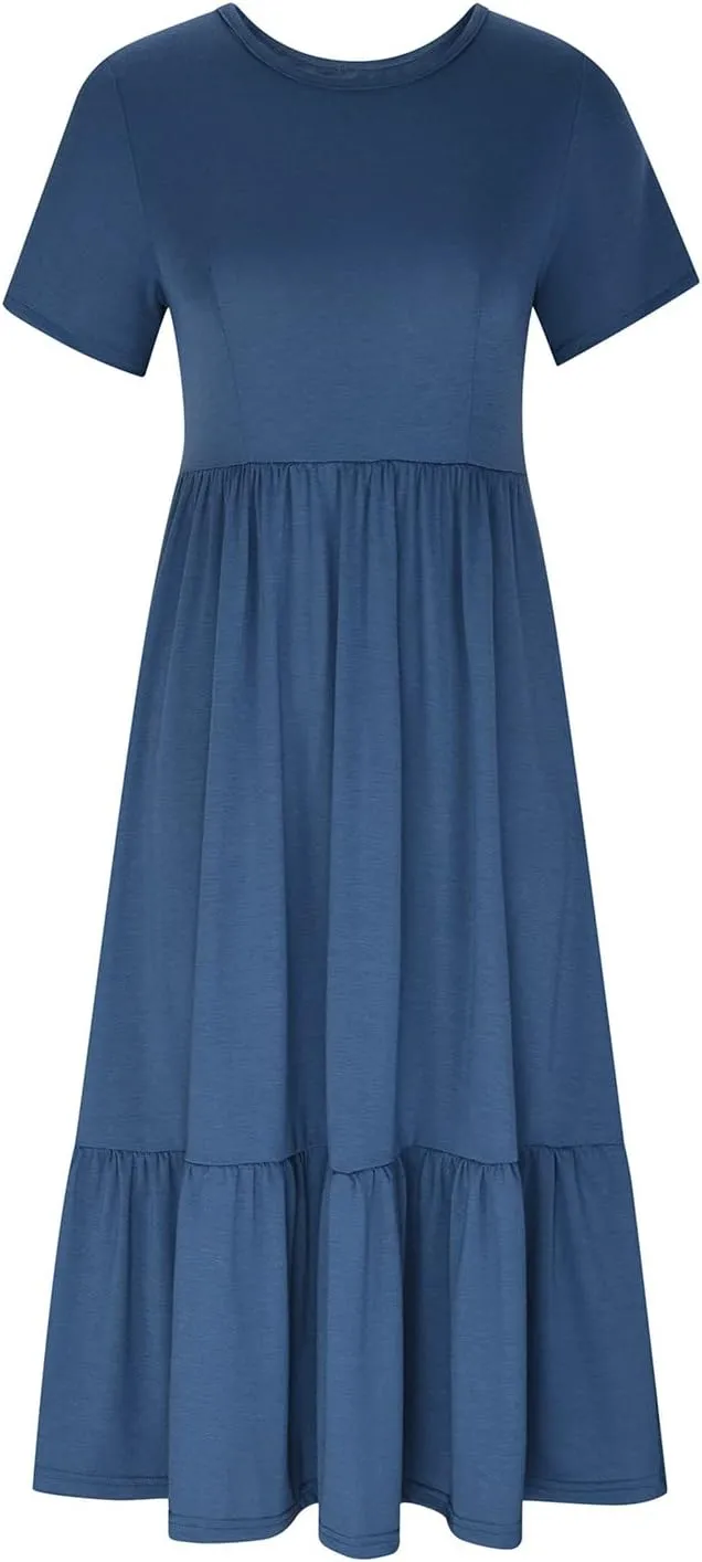 Womens Summer Dresses 2024 Flowy Tiered Crewneck Sundress Trend Beach Long Dresses Swing Midi Dress with Pockets
