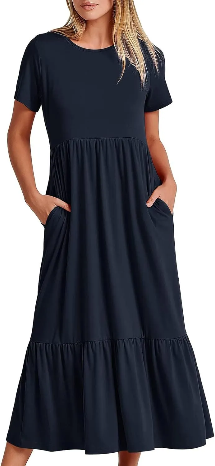 Womens Summer Dresses 2024 Flowy Tiered Crewneck Sundress Trend Beach Long Dresses Swing Midi Dress with Pockets