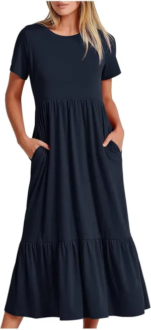 Womens Summer Dresses 2024 Flowy Tiered Crewneck Sundress Trend Beach Long Dresses Swing Midi Dress with Pockets