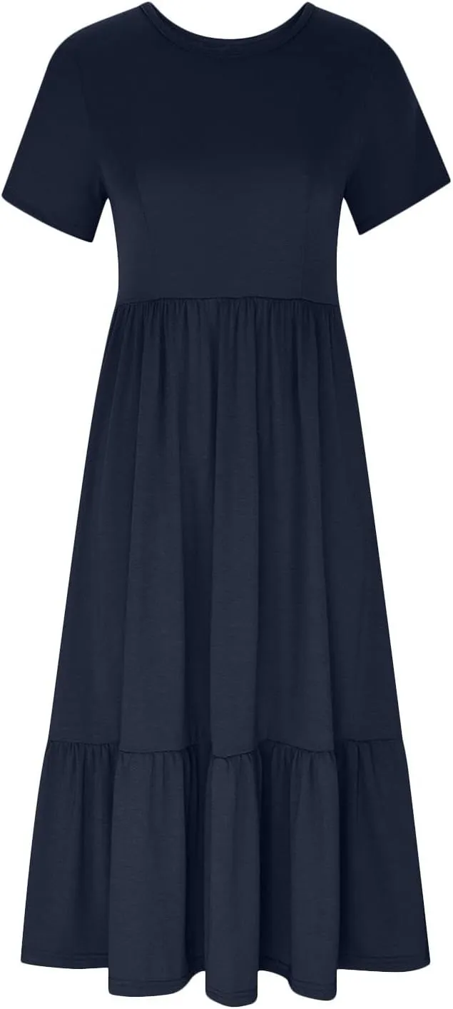 Womens Summer Dresses 2024 Flowy Tiered Crewneck Sundress Trend Beach Long Dresses Swing Midi Dress with Pockets