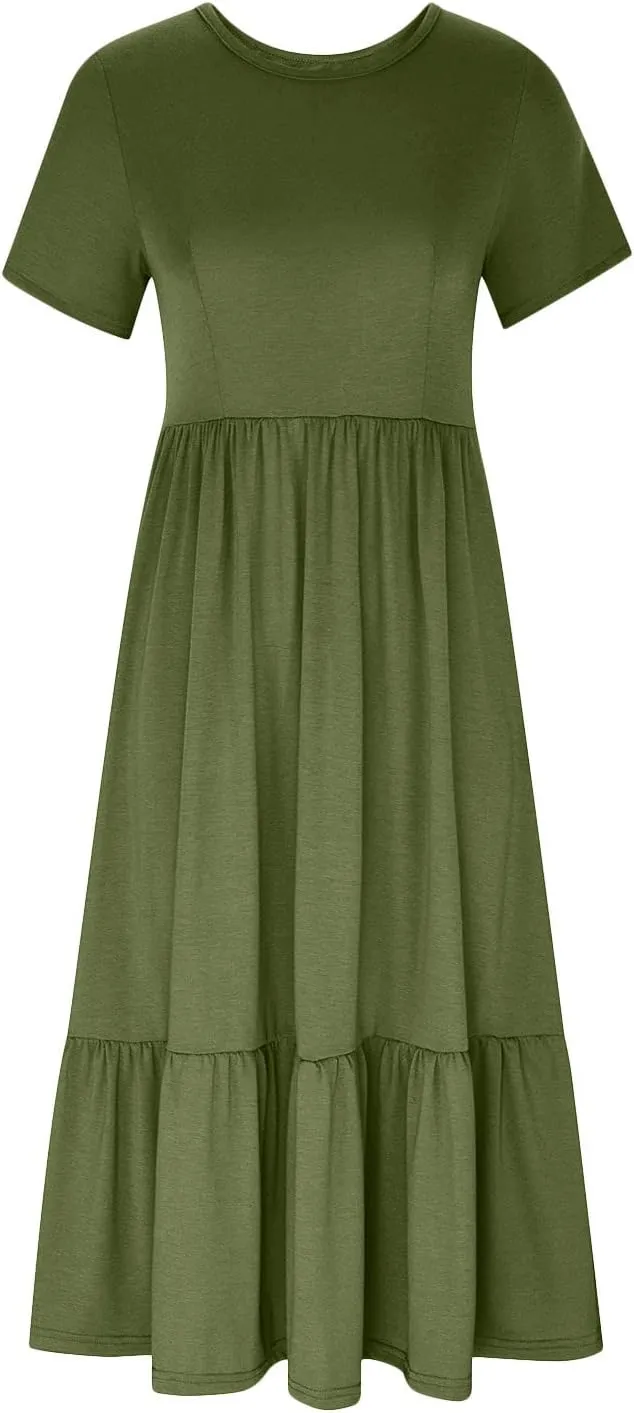 Womens Summer Dresses 2024 Flowy Tiered Crewneck Sundress Trend Beach Long Dresses Swing Midi Dress with Pockets