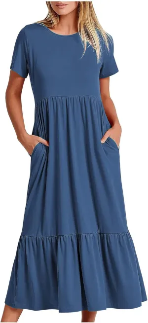 Womens Summer Dresses 2024 Flowy Tiered Crewneck Sundress Trend Beach Long Dresses Swing Midi Dress with Pockets