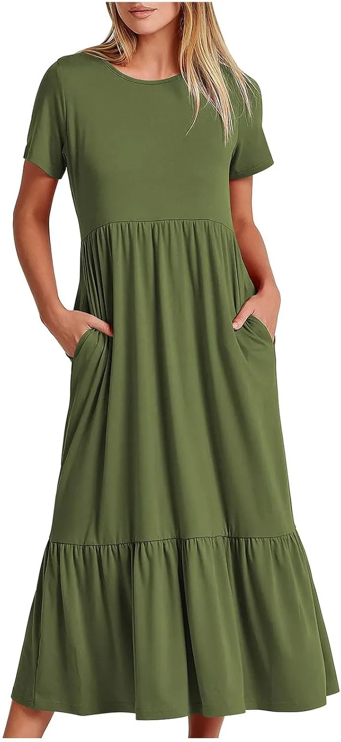 Womens Summer Dresses 2024 Flowy Tiered Crewneck Sundress Trend Beach Long Dresses Swing Midi Dress with Pockets