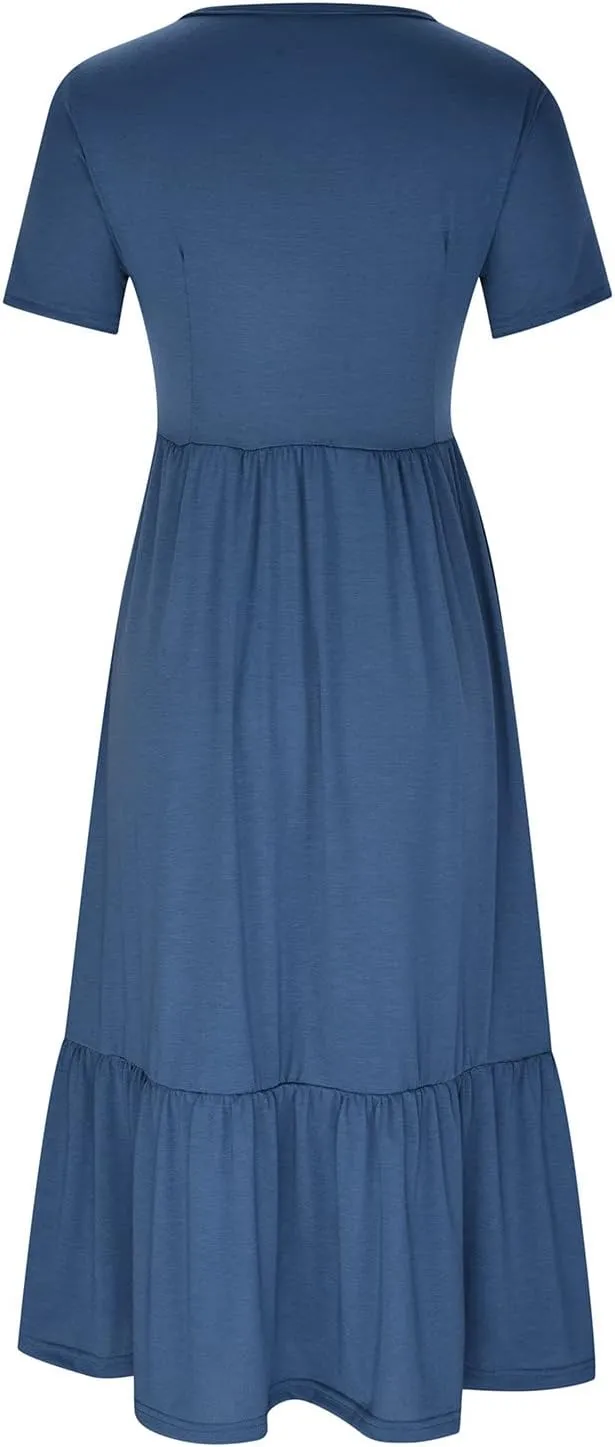 Womens Summer Dresses 2024 Flowy Tiered Crewneck Sundress Trend Beach Long Dresses Swing Midi Dress with Pockets