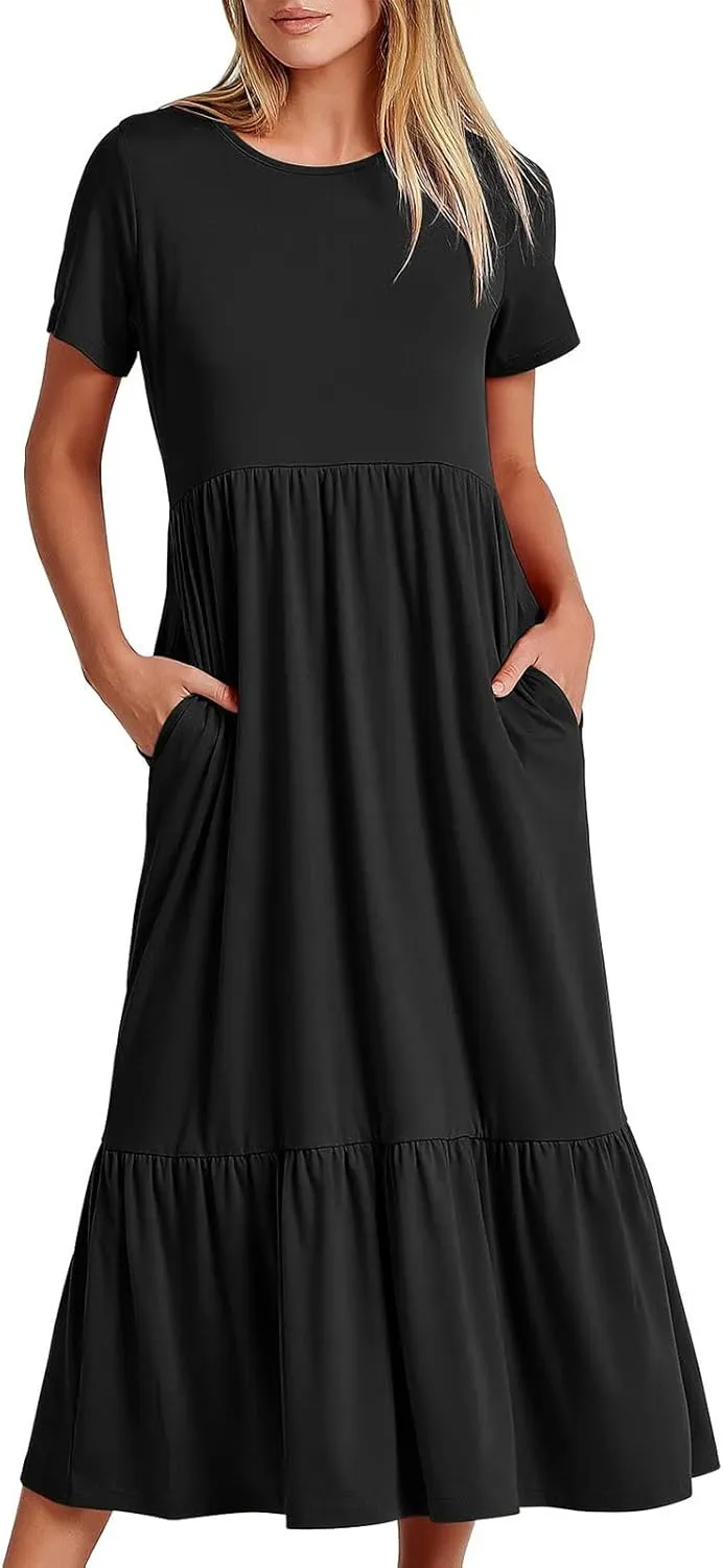 Womens Summer Dresses 2024 Flowy Tiered Crewneck Sundress Trend Beach Long Dresses Swing Midi Dress with Pockets