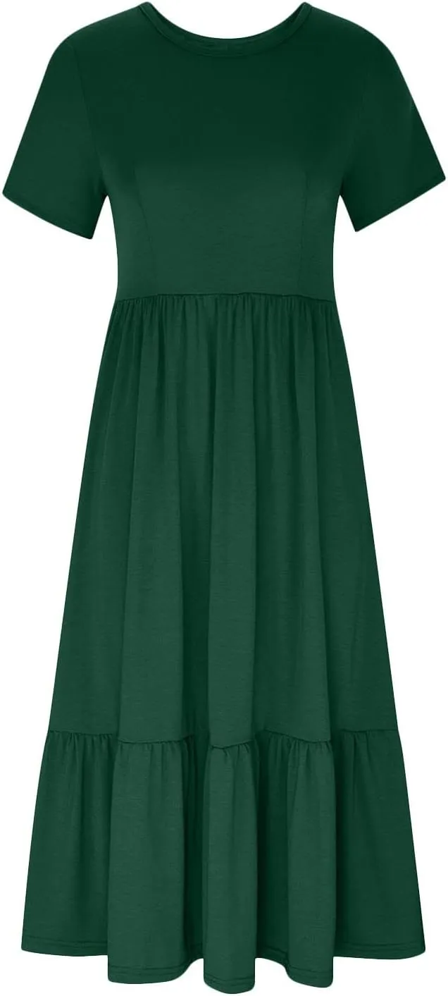 Womens Summer Dresses 2024 Flowy Tiered Crewneck Sundress Trend Beach Long Dresses Swing Midi Dress with Pockets