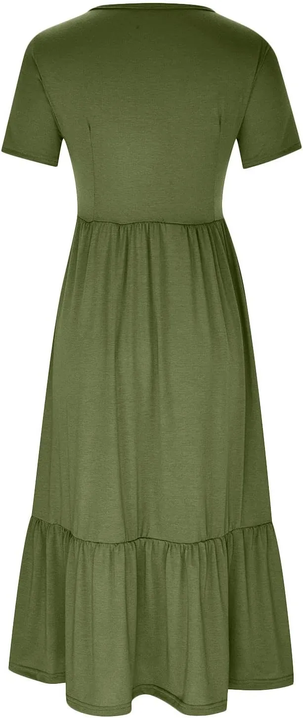 Womens Summer Dresses 2024 Flowy Tiered Crewneck Sundress Trend Beach Long Dresses Swing Midi Dress with Pockets