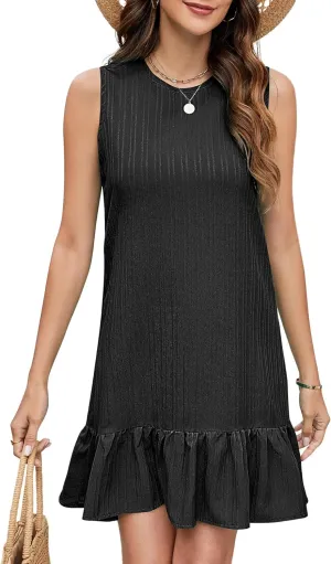 Women's Summer Dresses for Women 2025 Sleeveless Crewneck Casual Beach Ruffles Sundress Spring Swing Dress