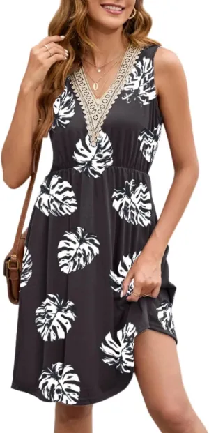 Womens Summer Dresses Wrap V Neck Sleeveless Sundress Beach Boho Flare Tank Dress with Pockets