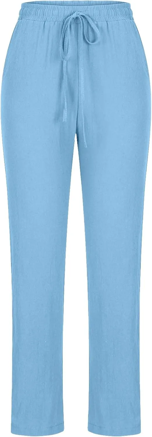Womens Summer Fashion Casual Pants Linen Elastic Waist Drawstring Pants Comfy Loose Straight Leg Trousers with Pockets