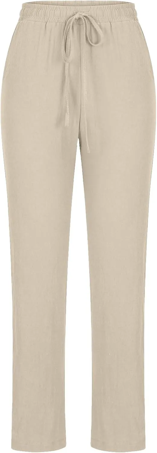 Womens Summer Fashion Casual Pants Linen Elastic Waist Drawstring Pants Comfy Loose Straight Leg Trousers with Pockets