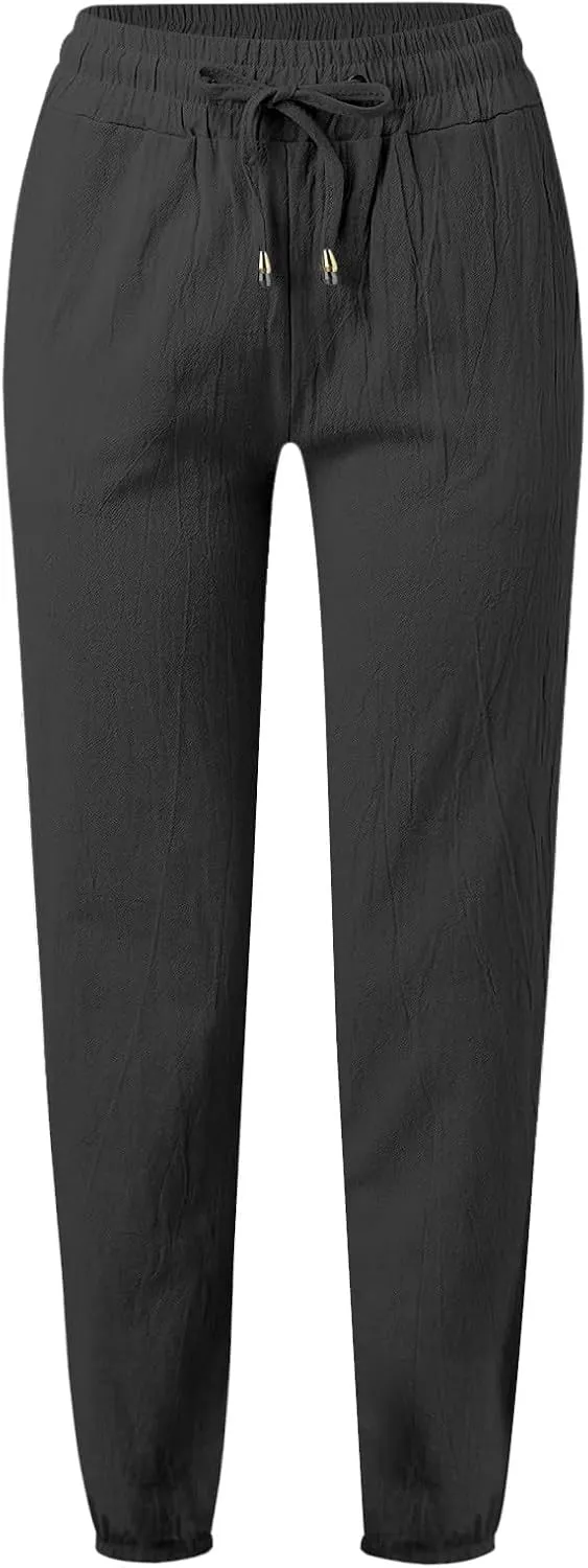 Womens Summer Fashion Casual Pants Linen Elastic Waist Drawstring Pants Comfy Loose Straight Leg Trousers with Pockets