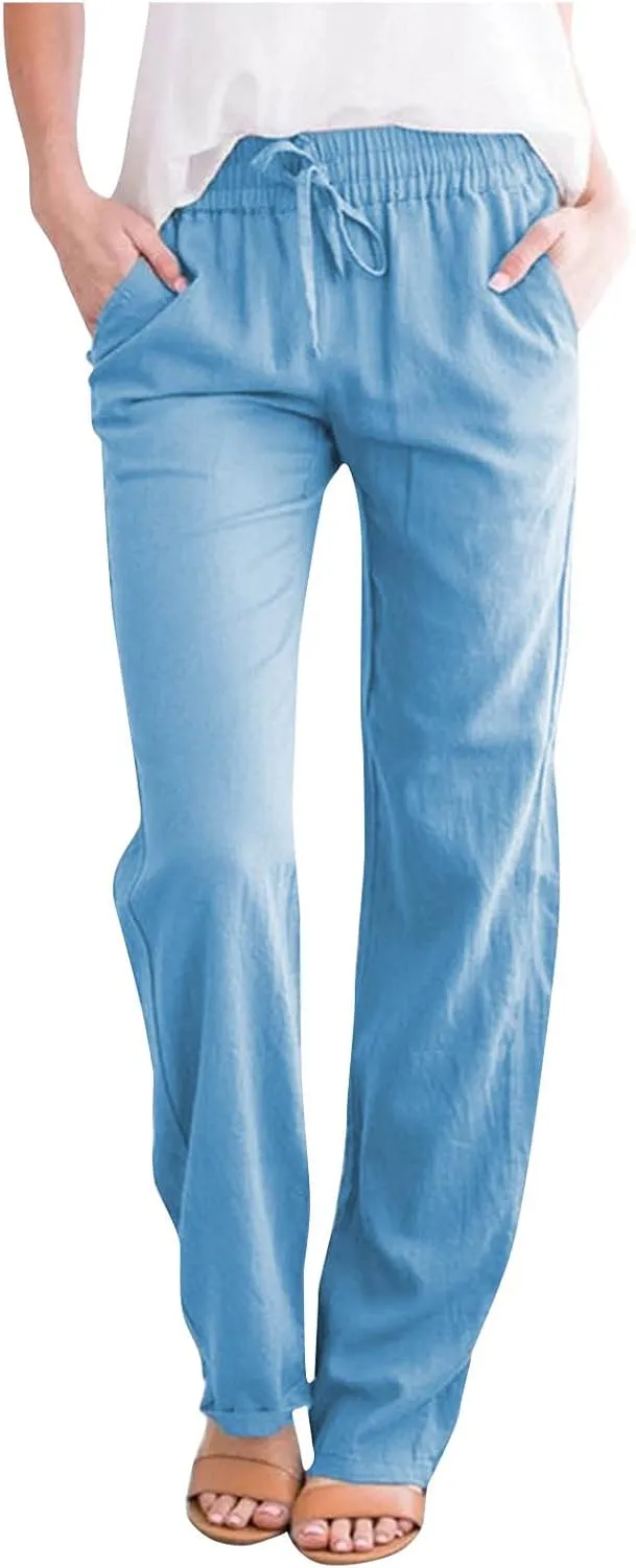 Womens Summer Fashion Casual Pants Linen Elastic Waist Drawstring Pants Comfy Loose Straight Leg Trousers with Pockets