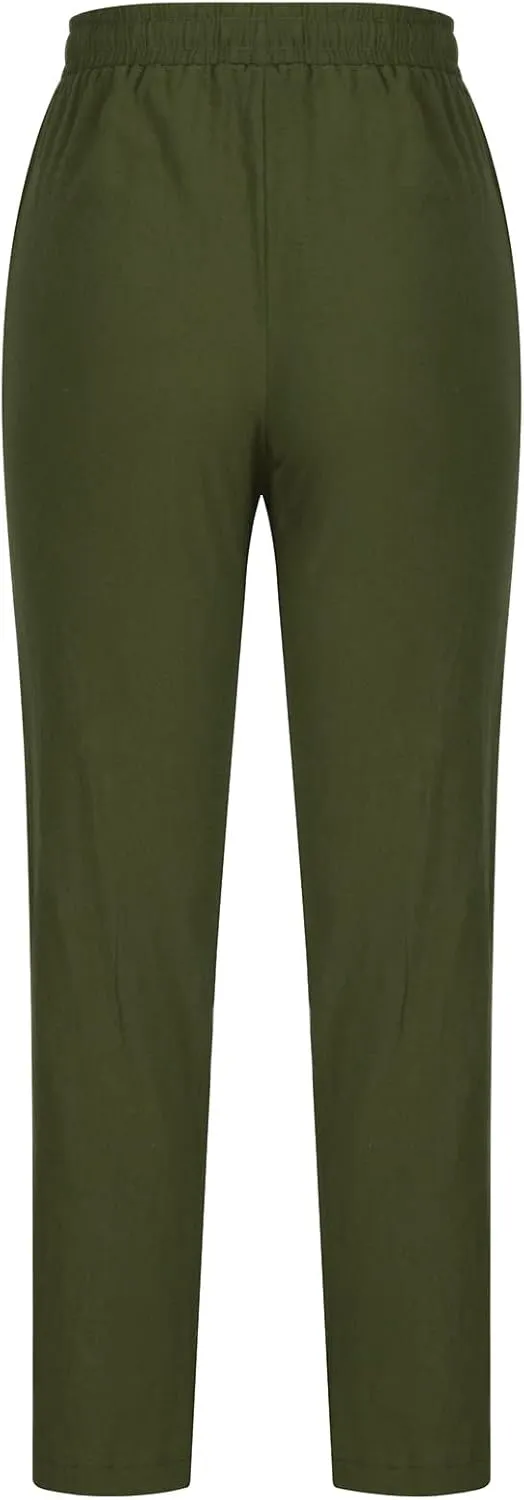 Womens Summer Fashion Casual Pants Linen Elastic Waist Drawstring Pants Comfy Loose Straight Leg Trousers with Pockets