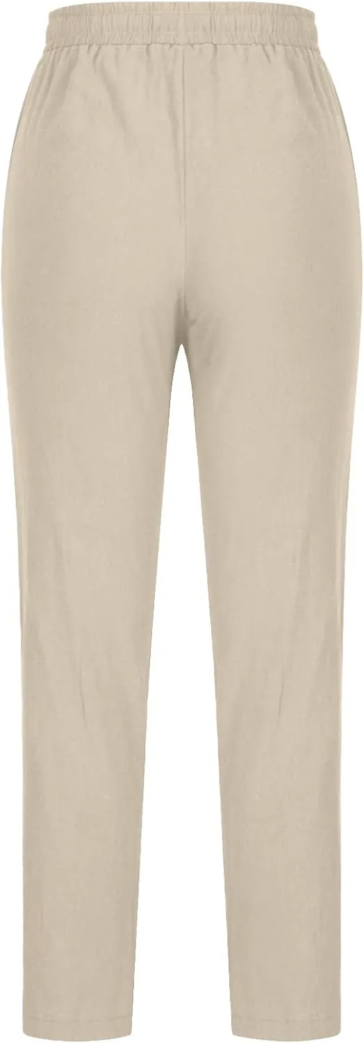 Womens Summer Fashion Casual Pants Linen Elastic Waist Drawstring Pants Comfy Loose Straight Leg Trousers with Pockets