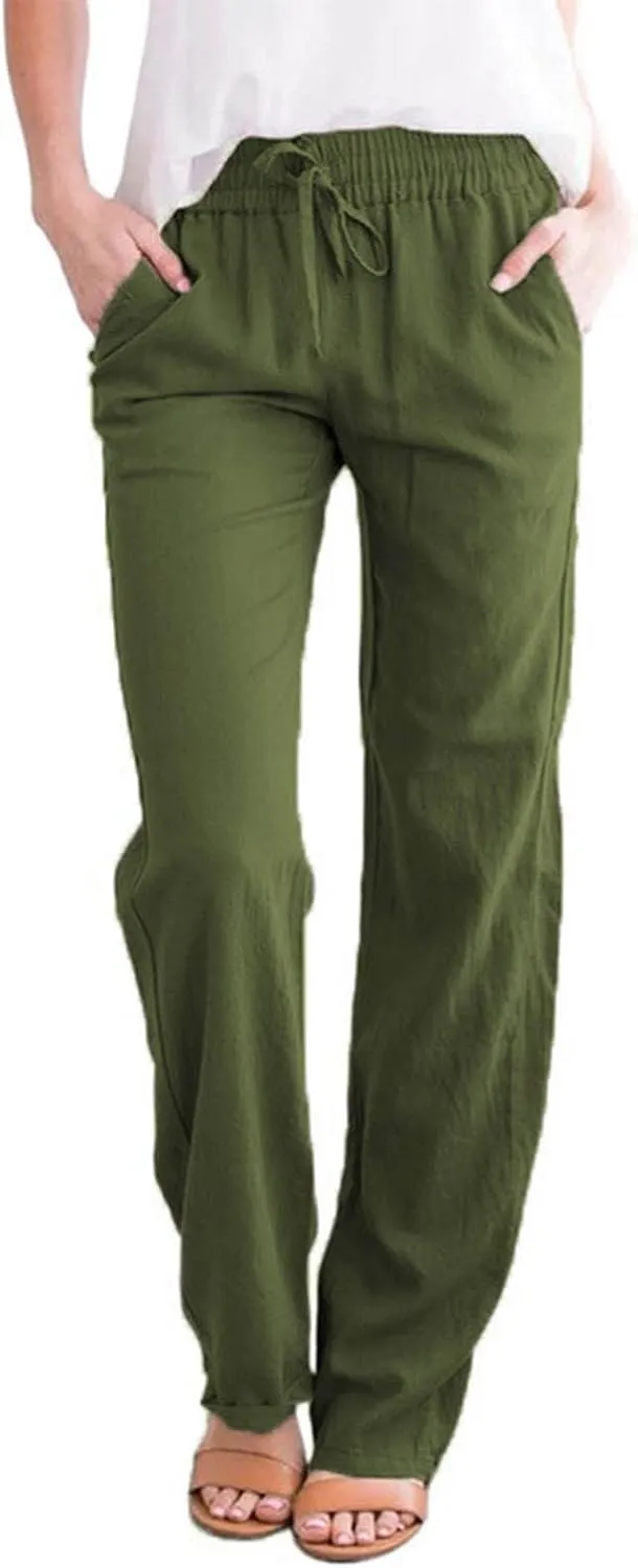 Womens Summer Fashion Casual Pants Linen Elastic Waist Drawstring Pants Comfy Loose Straight Leg Trousers with Pockets