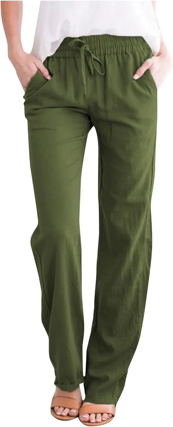 Womens Summer Fashion Casual Pants Linen Elastic Waist Drawstring Pants Comfy Loose Straight Leg Trousers with Pockets