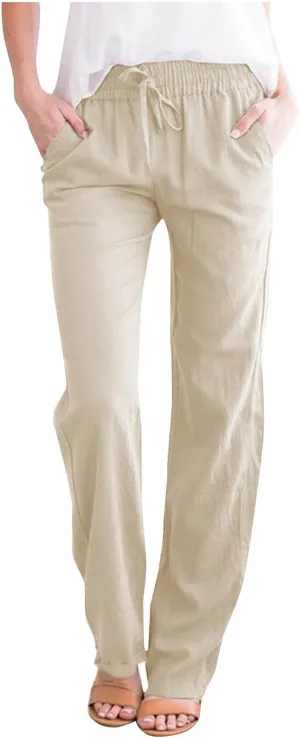 Womens Summer Fashion Casual Pants Linen Elastic Waist Drawstring Pants Comfy Loose Straight Leg Trousers with Pockets