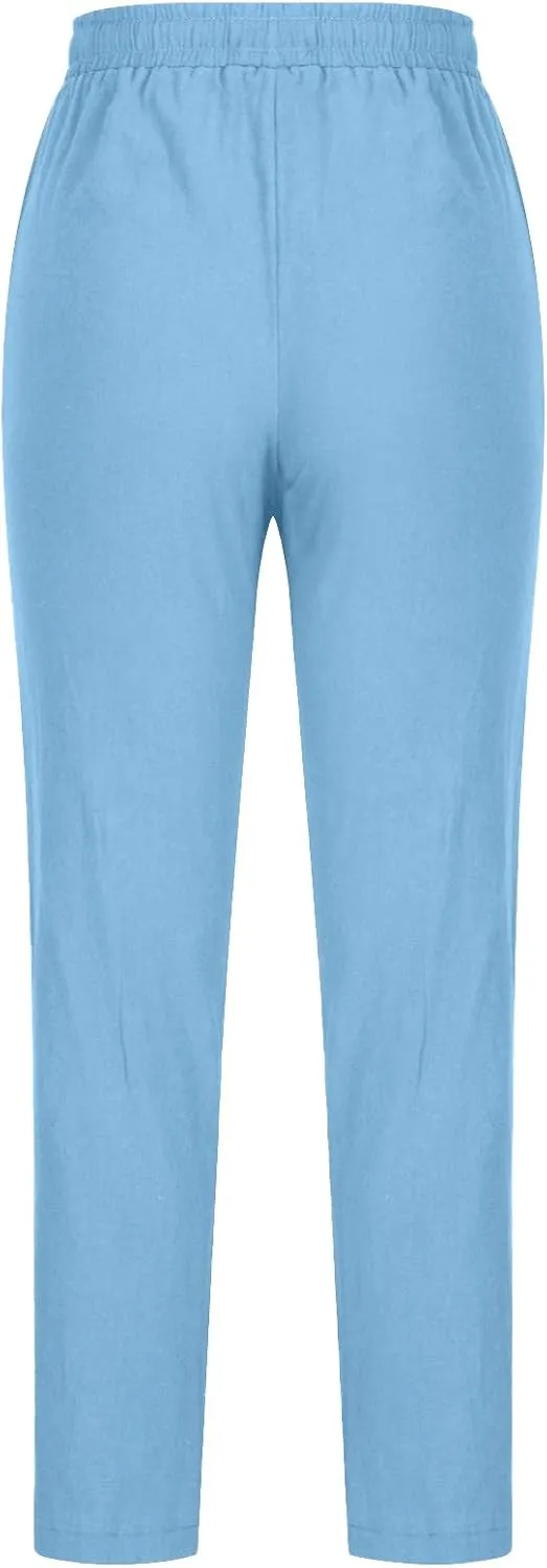 Womens Summer Fashion Casual Pants Linen Elastic Waist Drawstring Pants Comfy Loose Straight Leg Trousers with Pockets