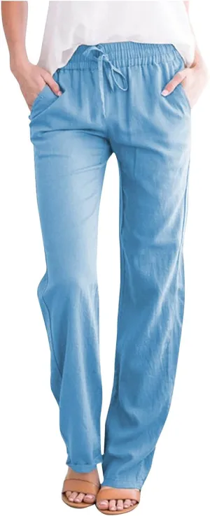 Womens Summer Fashion Casual Pants Linen Elastic Waist Drawstring Pants Comfy Loose Straight Leg Trousers with Pockets