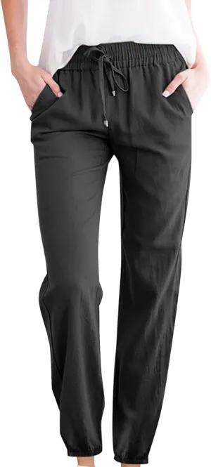 Womens Summer Fashion Casual Pants Linen Elastic Waist Drawstring Pants Comfy Loose Straight Leg Trousers with Pockets