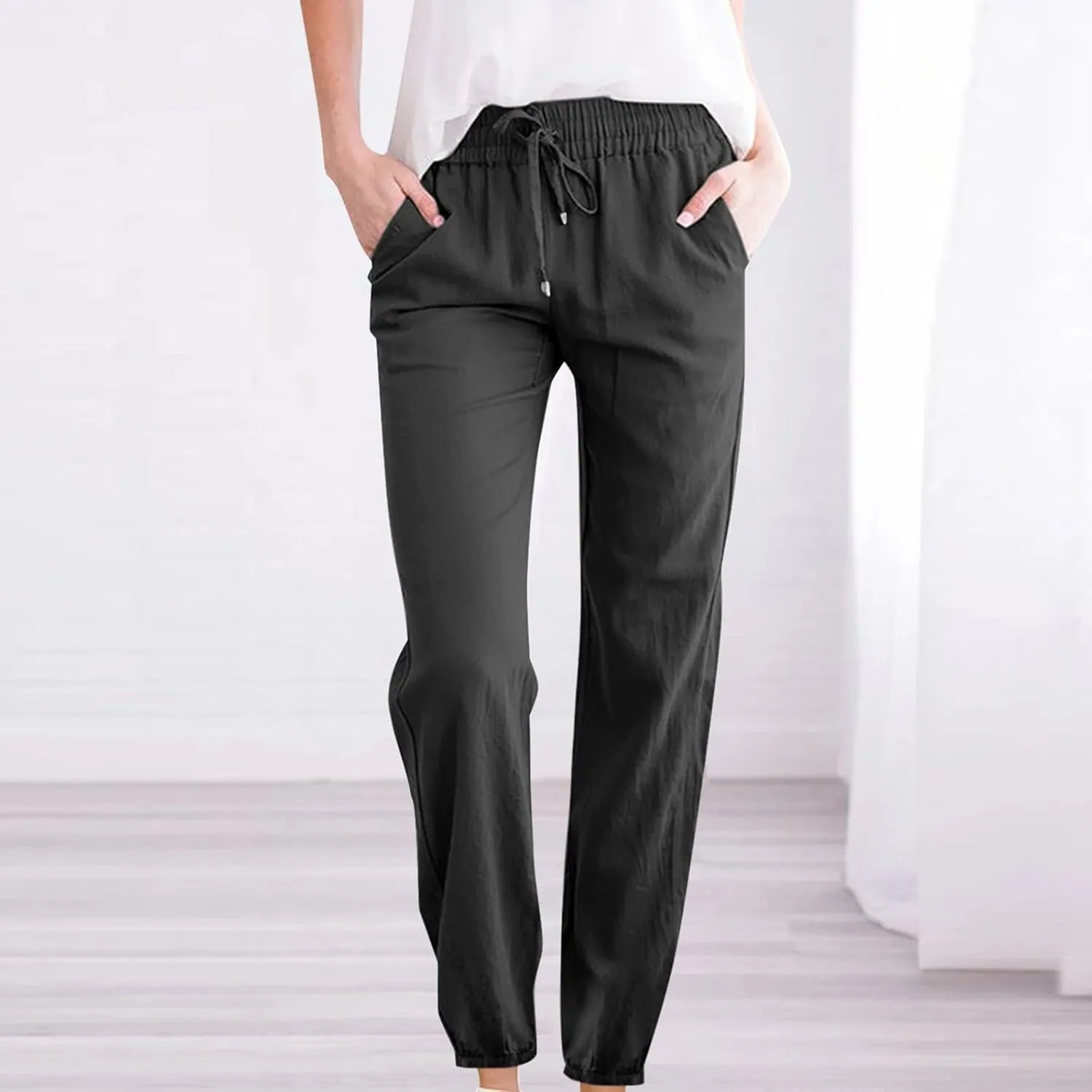 Womens Summer Fashion Casual Pants Linen Elastic Waist Drawstring Pants Comfy Loose Straight Leg Trousers with Pockets