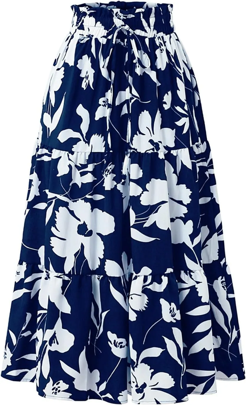 Womens Summer Skirts Midi Length Drawstring High Waist Skirts Below Knee Ruffle Tiered A Line Floral Print Beach Skirt