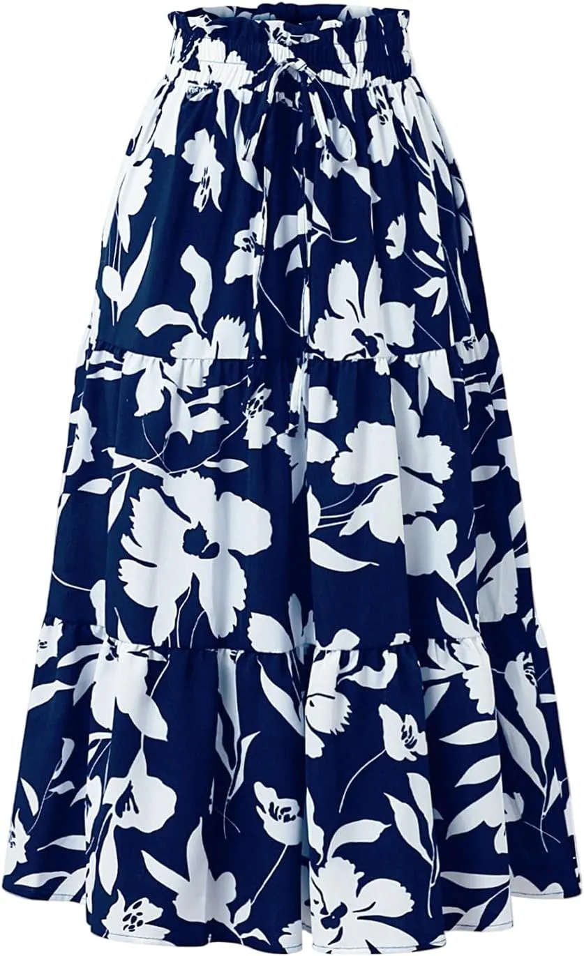 Womens Summer Skirts Midi Length Drawstring High Waist Skirts Below Knee Ruffle Tiered A Line Floral Print Beach Skirt