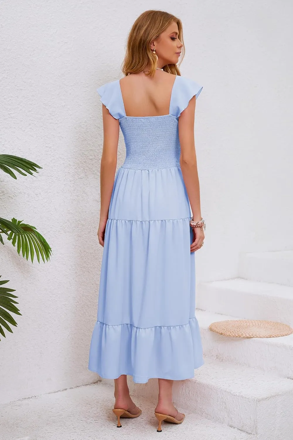 Women's Summer Sleeveless Ruffle Dresses 2024 Square Neck Smocked Backless Boho Flowy Beach A-Line Maxi Sundress